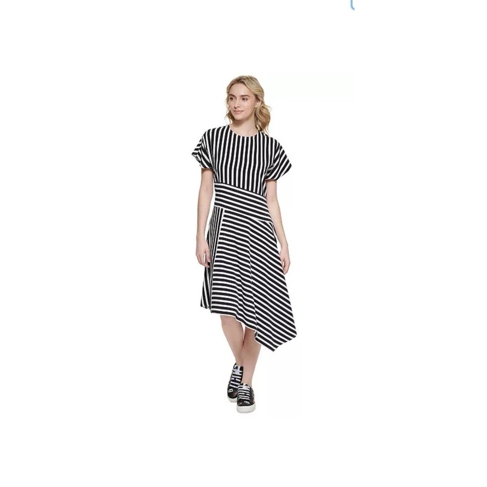 KARL LAGERFELD PARIS Women's Striped Asymmetrical-Hem Dress Sz 2